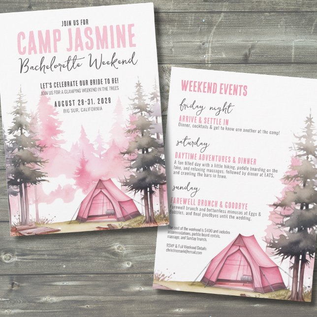 Convites Fim de Semana das Garotas do Acampamento Festa de  (Pink Girls Weekend Camp Bachelorette Party Invitation)