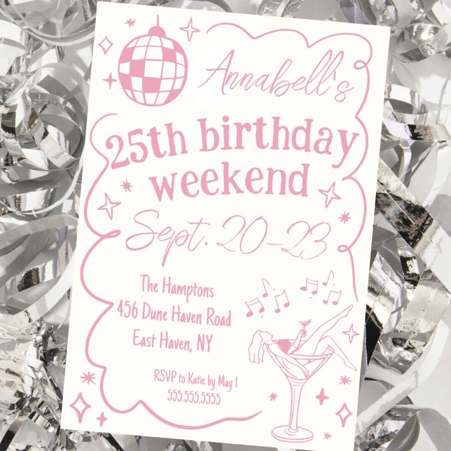 Convites Fim de Semana das Meninas de Festa de aniversário  (hand drawn quirky disco party invitation birthday party pink fun girls weekend itinerary invite cute)