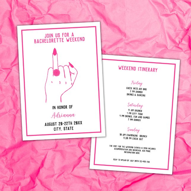 Convites Fim de semana das raparigas de esqueleto cor-de-ro (ring finger bachelorette party invitation bold pink weekend itinerary modern fun)