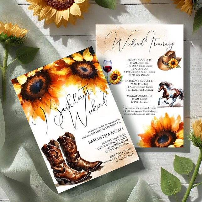 Convites Fim de Semana de Bachelorette de Girassol Amarelo (Bachelorette weekend itinerary invitations country sunflowers, cowboy boots, hat, horse and wine art)