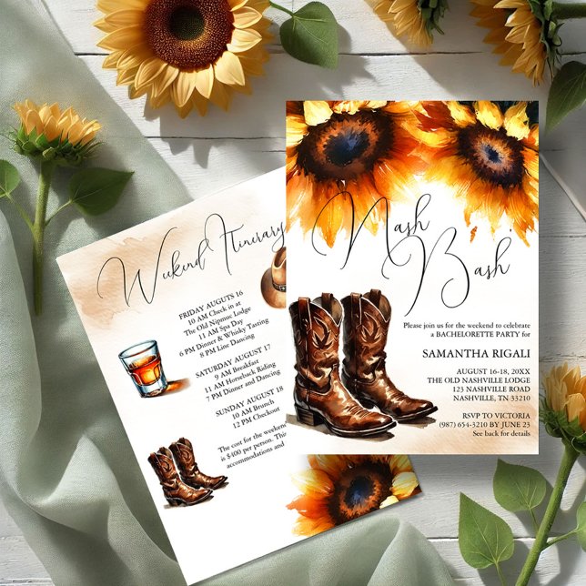 Convites Fim de Semana de Bachelorette de Girassol Amarelo (Nash bash watercolor cowgirl girls weekend invitations cowboy boots and sunflowers itinerary )
