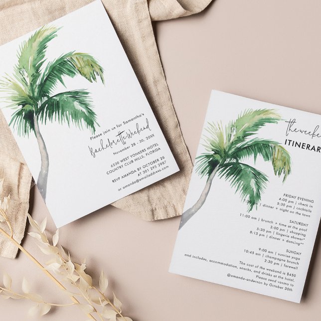 Convites Fim de Semana de Bachelorette e Itinerário (Coastal Palm Tree Watercolor Bachelorette Party Invitation)