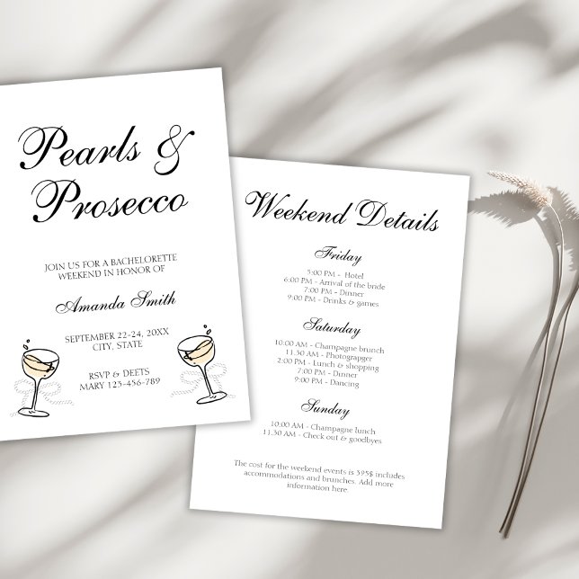 Convites Fim de Semana de Bachelorette Elegante de Pérolas  (Pearls & Prosecco Elegant Bachelorette Weekend Invitation)
