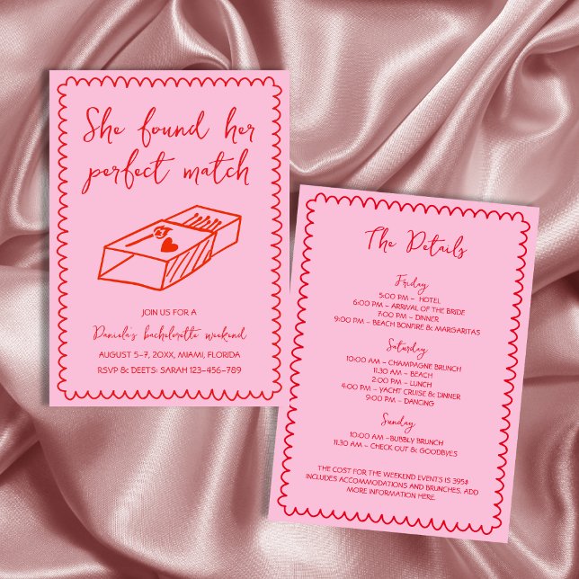 Convites Fim de Semana de Bachelorette Rosa Correspondente  (Hand Drawn Perfect Match Pink Bachelorette Weekend Invitation)