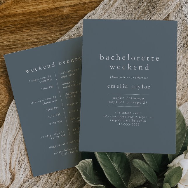 Convites Fim de Semana de Bachelorette Simples Azul - Marin (EMELIA Boho Navy Blue Simple Bachelorette Weekend Invitation)