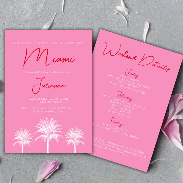 Convites Fim de Semana de Bachelorette Tropical de Miami (Miami Tropical Palms Bachelorette Weekend Invitation bold pink and red)