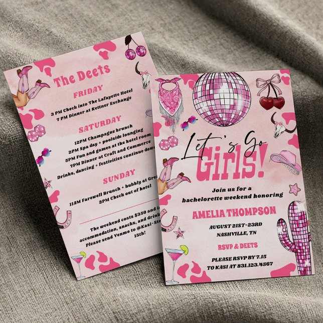 Convites Fim de Semana de Bachelorette West Rodeo (Let’s go girls Pink Cowgirl Rodeo West Coquette Bachelorette Rodeo Weekend Invitation
)