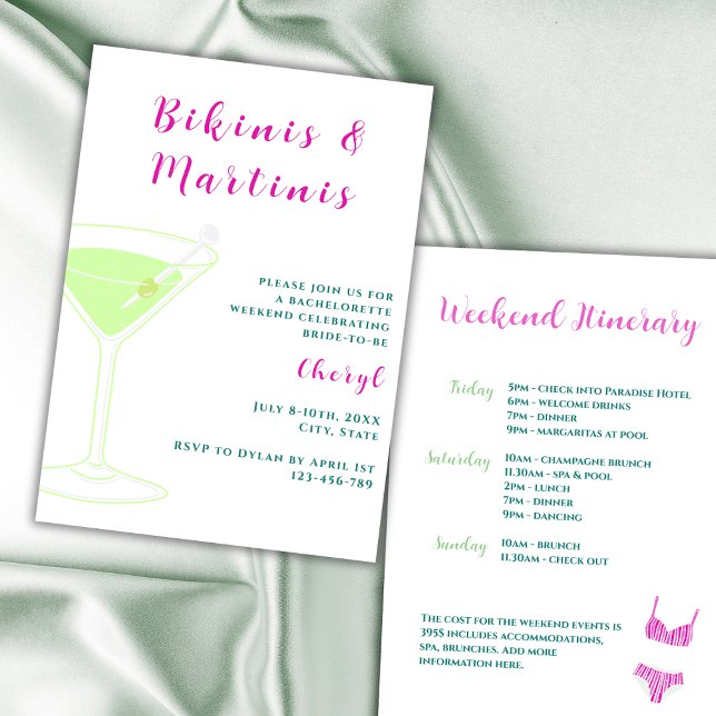 Convites Fim De Semana De Bikinis E Martinis Bachelorette (bikinis and martinis bachelorette party invitation vibrant pink and green weekend itinerary)