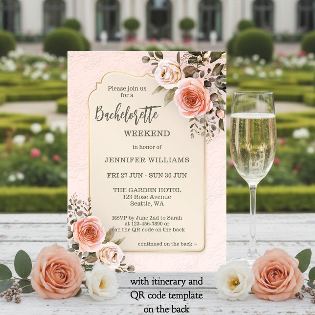 Convites Fim de semana de despedida de solteira com rosas c (Bachelorette weekend itinerary invitation featuring blush pink watercolor roses on retro chic)