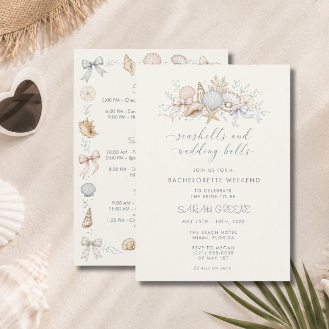 Convites Fim de Semana de Despedida de Solteira Conchas e S (Seashells and Wedding Bells Bachelorette Weekend Invitation)