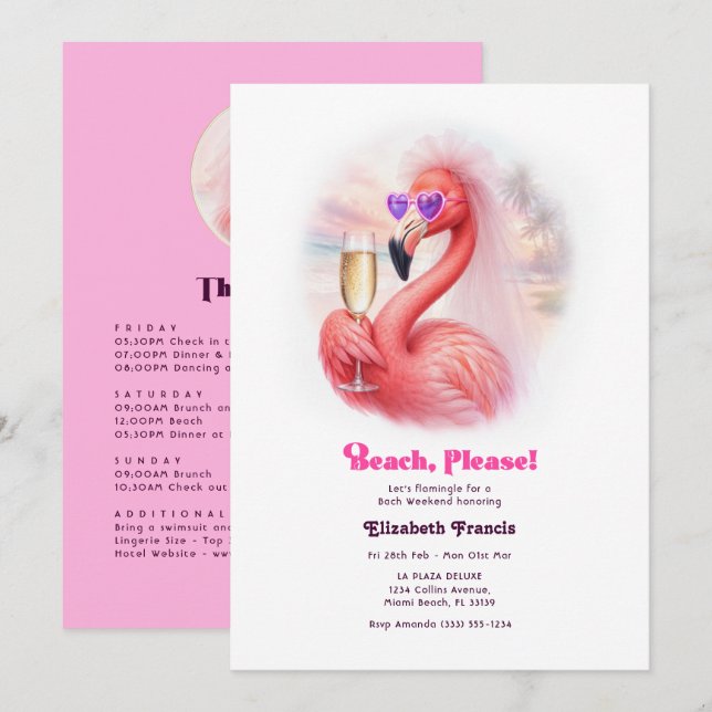 Convites Fim de Semana de Despedida de Solteira Flamingo na (Frente/Verso)