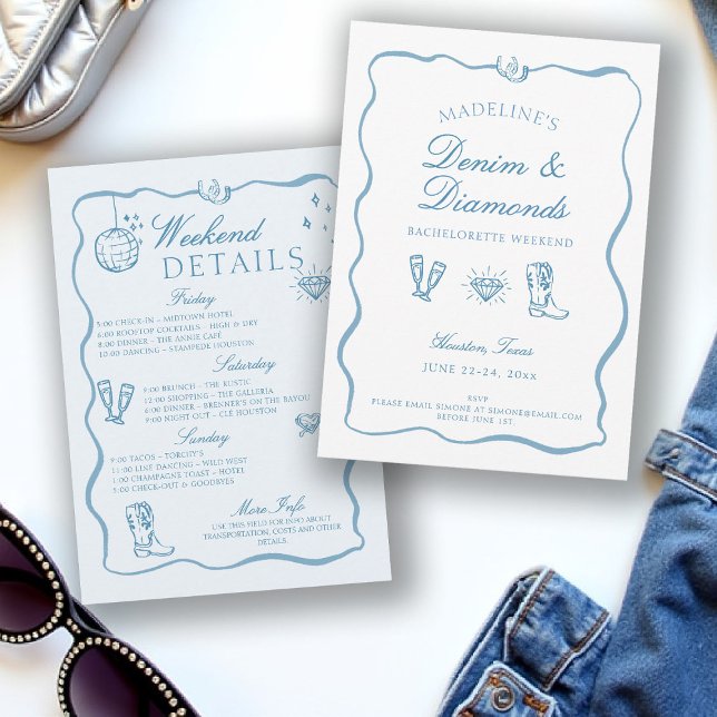 Convites Fim de Semana de Escrevendo de Bachelorette de Our (denim diamonds bachelorette itinerary invitation hand written drawn cowgirl frame bow blue white)