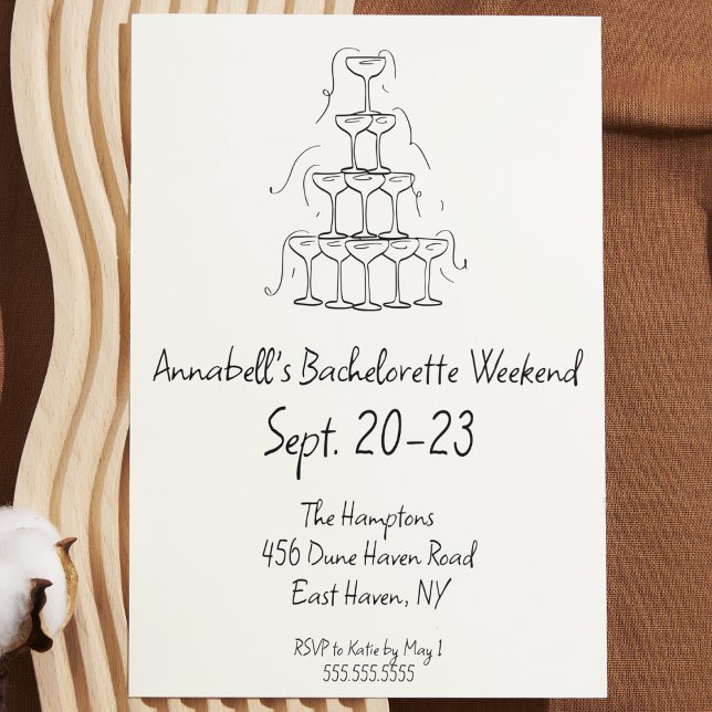 Convites Fim de Semana de Festa de solteira de Champanhe De (hand drawn bachelorette party invitation black and white Champagne glass tower modern simple cute)