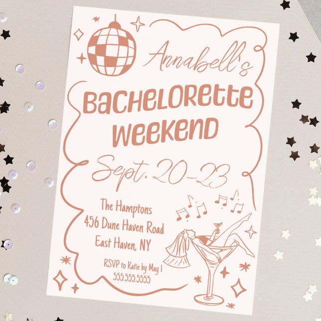 Convites Fim de Semana de Festa de solteira de Disco Desenh (hand drawn pink bachelorette party weekend invitation disco champagne theme cute doodle sketch)