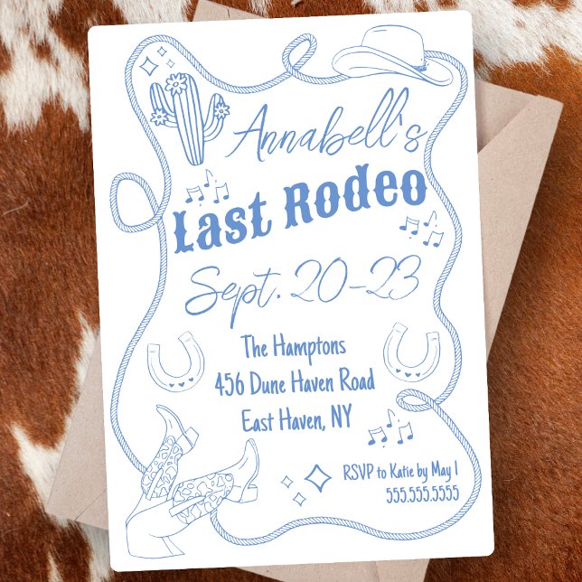 Convites Fim de Semana de Festa de solteira Desenhada da Mã ("Last rodeo" cowgirl bachelorette party invitation hand drawn cute cowboy boots weekend itinerary )