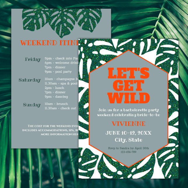 Convites Fim de Semana de Obtenção de Bachelorette Tropical (let's get wild tropocal bachelorette weekend itinerary invitation glitter monstera leaves orange)
