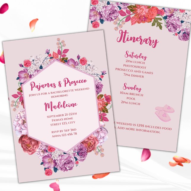 Convites Fim De Semana De Pajamas E Prosecco Floral (pajamas and prosecco pj's and prosecco bachelorette party invitation weekend itinerary floral pink)