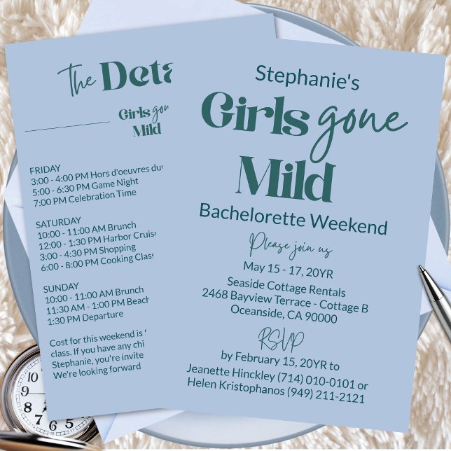 Convites Fim de Semana de Praia de Despedida de Solteira Az (Customizable Girls Gone Mild Modern Teal Blue Bachelorette Spa Weekend Itinerary Invitation)
