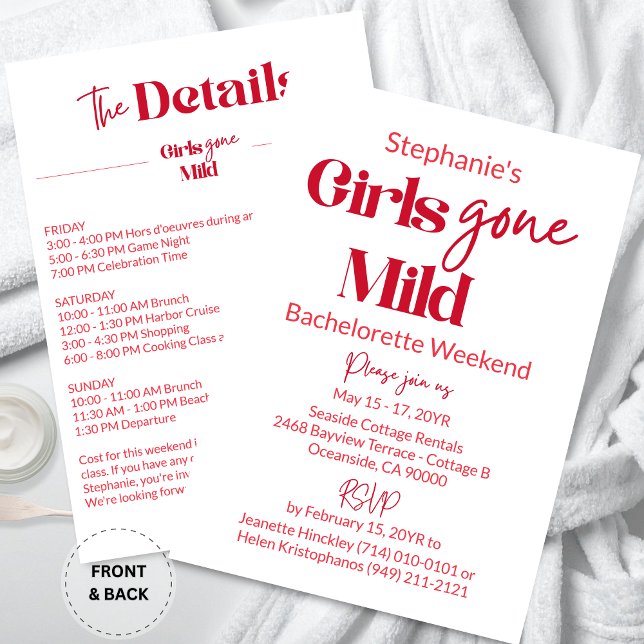 Convites Fim de Semana de Praia de Despedida de Solteira Cl (Customized Elegant Calligraphy Girls Gone Mild White Bachelorette Beach Weekend Itinerary Invitation)