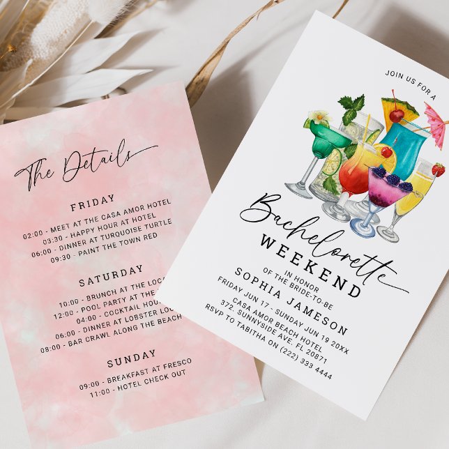 Convites Fim de semana de solteira com cocktails em aquarel (Criador carregado)