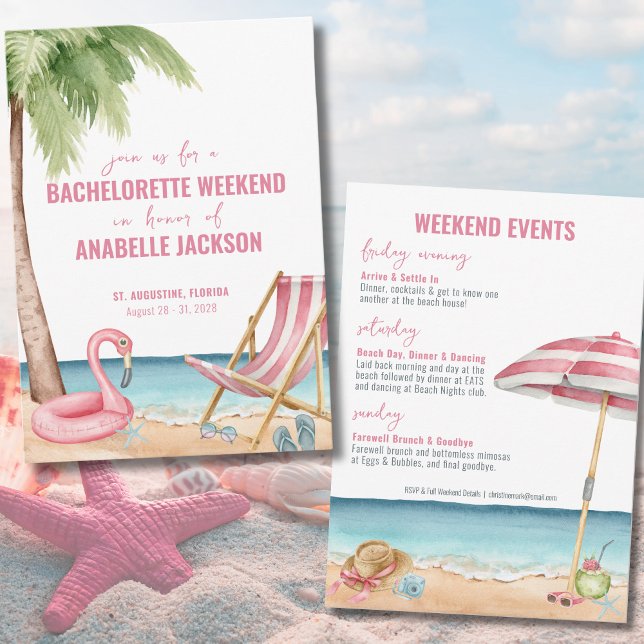 Convites Fim de Semana de Solteira na Praia de Verão (Watercolor Beach Destination Bachelorette Weekend Invitation)