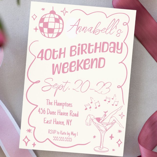 Convites Fim de Semana do aniversário de 40 anos de Disco R (Pink cute hand drawn doodle 40th birthday girls weekend itinerary invitation disco party pink)