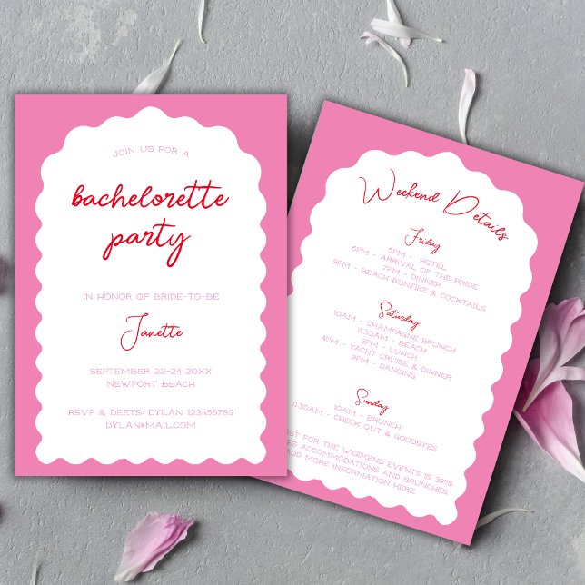 Convites Fim De Semana Do Bachelorette Moderno Vermelho E R (Wavy Arch Pink And Red Modern Bachelorette Weekend Invitation)