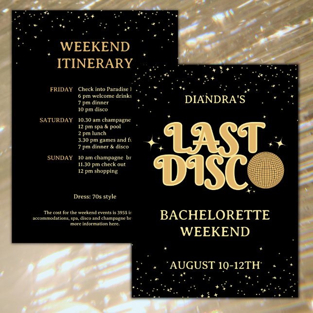 Convites Fim de Semana do Último Descote Retroativo da Bach (Last disco golden glitter bachelorette weekend invitation with itinerary retro font )