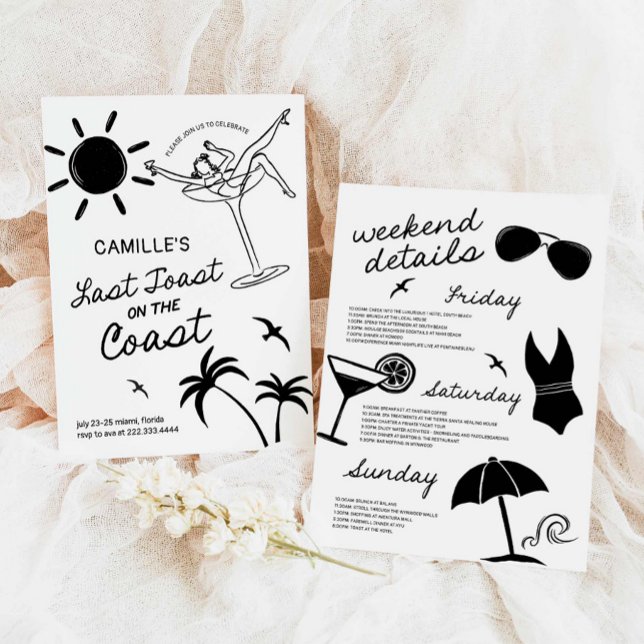 Convites Fim de Semana do Último Desenho da Mão do Brinde (Last Toast Hand Drawn Bachelorette Weekend with itinerary Invitation)