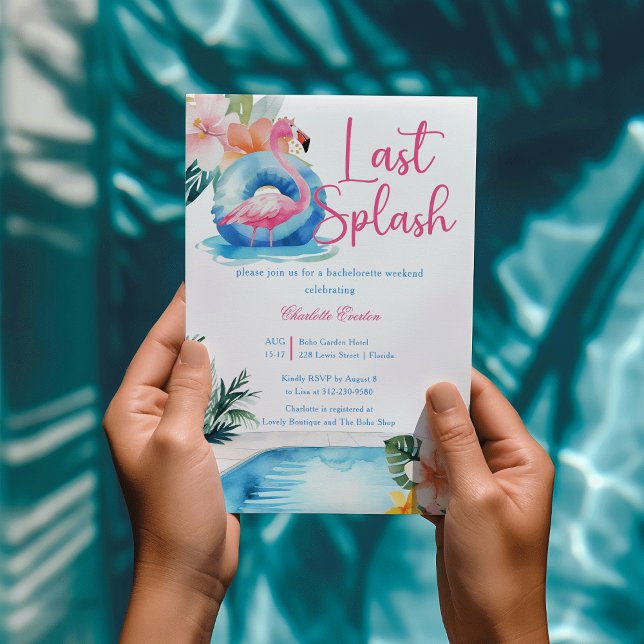 Convites Fim de Semana do Último Splash Flamingo Bacheloret (Last Splash Pool pool watercolor Pink flamingo tropical flower Bachelorette Weekend Invitation)