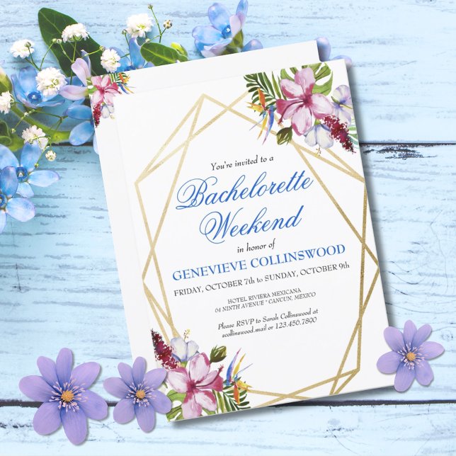 Convites Fim de semana elegante de despedida de solteira tr (Elegant Blue Pink Tropical Floral Bachelorette Weekend Party Invitation)