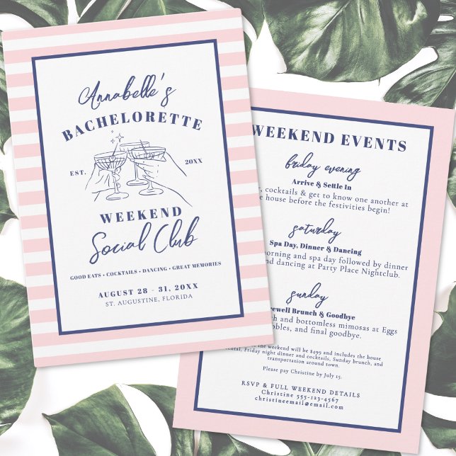 Convites Fim de Semana no Clube Social Festa de Despedida d (Weekend Social Club Preppy Bachelorette Party Invitation)