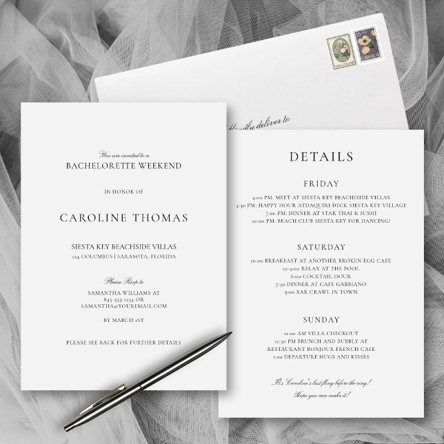 Convites Fim de Semana Simples de Bachelorette Elegante com (This simple, elegant bachelorette weekend invitation provides plenty of room for all the fun details)