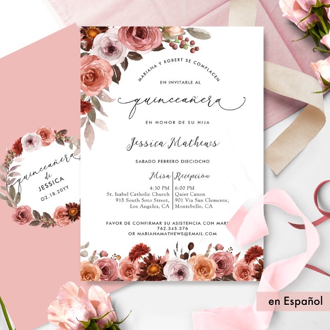 Convites Fina Invitación Con Flores En Rosa De Quinceañera (Criador carregado)