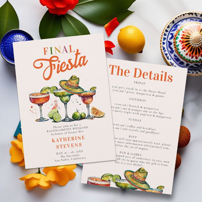 Convites Final de semana Fiesta Margaritas Bachelorette (final fiesta bachelorette bridesmaids weekend invitation itinerary margarita tequila colorful classy)