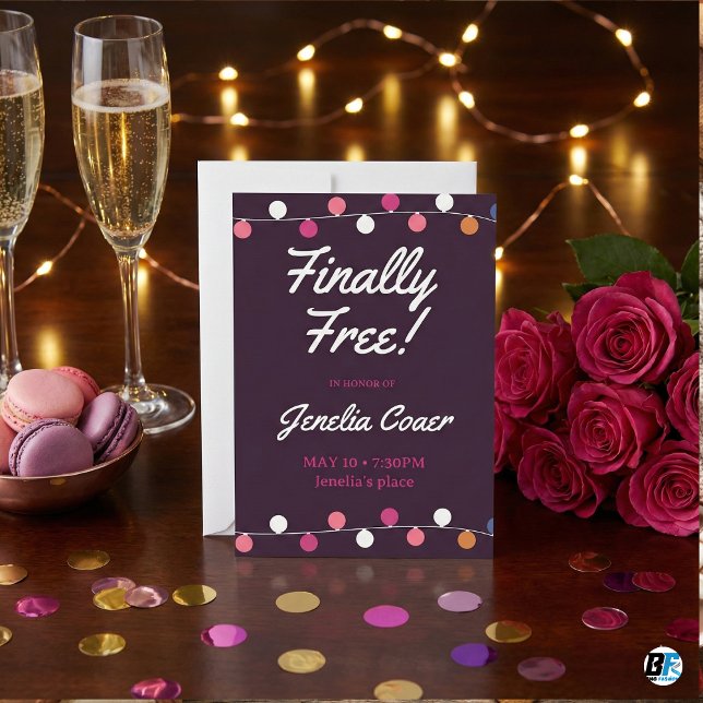Convites Finally Free String Lights Purple Divorce Party (Criador carregado)