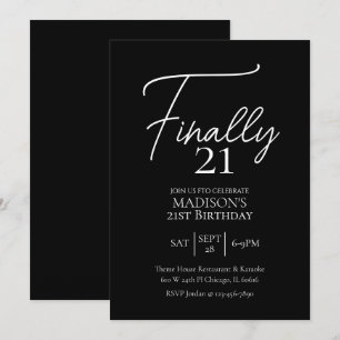 Convites Finalmente, 21 aniversário de 21 anos preto e bran