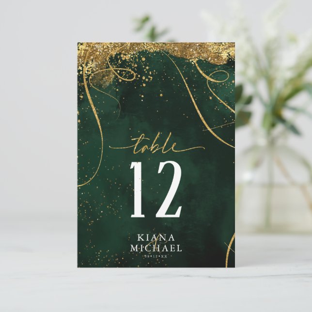 Convites Fine Lines Dourado Abstrato Wedding Emerald ID867 (Em pé/Frente)