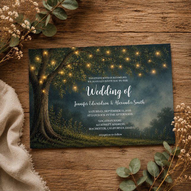 Convites Fio de luzes de árvore rústica casamento noturno n (Rustic tree string of lights night country wedding invitation. For your rustic country wedding.)