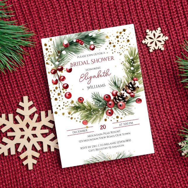 Convites Fios vermelhos de chá de panela de inverno (Winter bridal shower editable template invitation digital download watercolor pine red berry wreath)