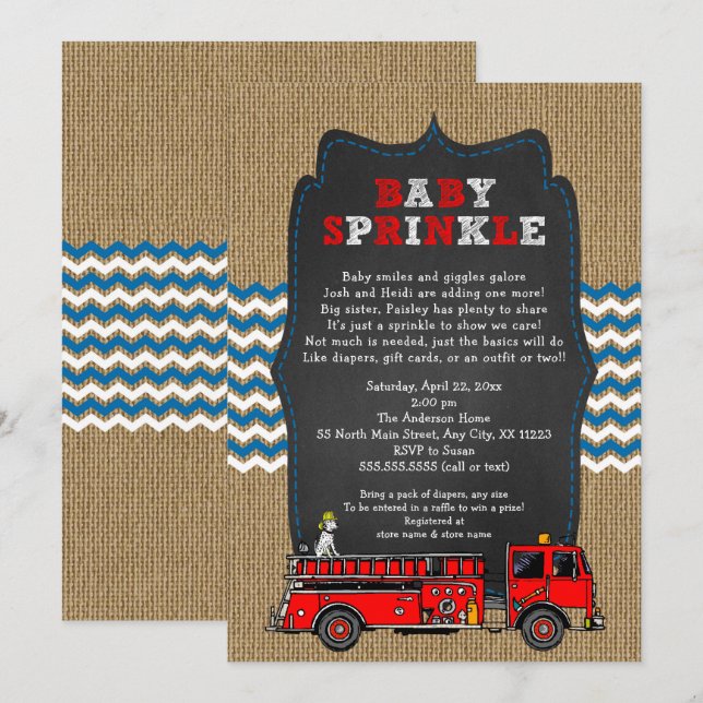 Convites Fire Truck Baby Sprinkle, chá de fraldas (Frente/Verso)
