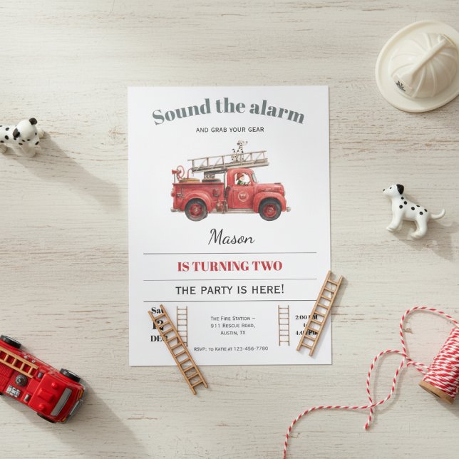 Convites Fire Truck Birthday Invitation Sound the Alarm (Fire truck birthday invitation with red firefighter theme and sound the alarm design)