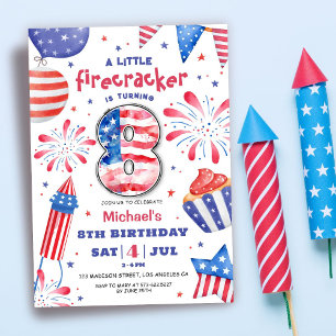Convites Firecracker 4 de julho 8 Aniversário - Cuta Patrió