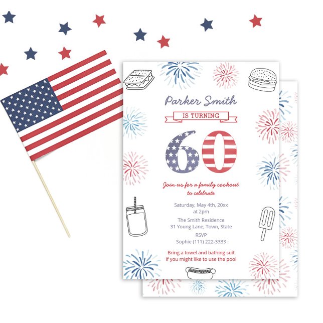 Convites Firecracker Red White e Blue 60th Festa de anivers (Stars And Stripes 60th Birthday Party Invitation For Backyard Cookout Party on July 4th Weekend)
