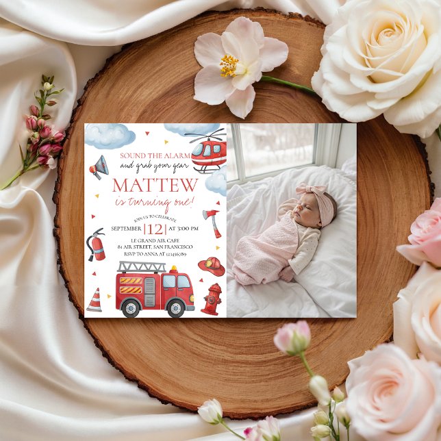 Convites Firetruck Birthday Invite With Photo (Criador carregado)