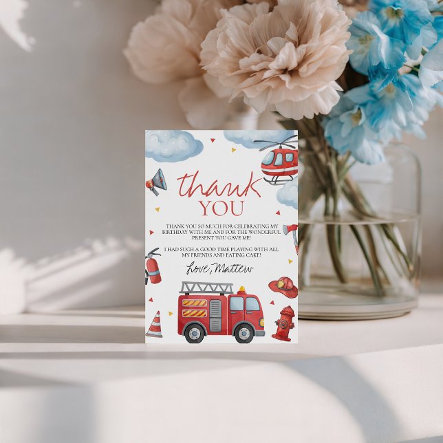 Convites Firetruck Birthday Thank You Card (Criador carregado)