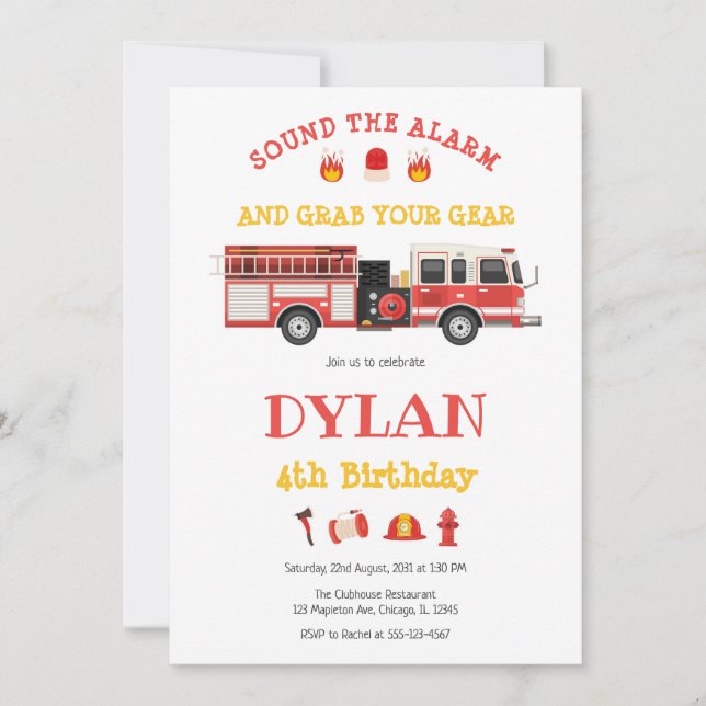 Convites Firetruck Firefighter Kids Birthday Invitation (Frente)