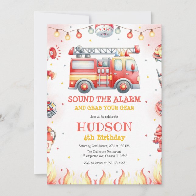 Convites Firetruck Firefighter Kids Birthday Invitation (Frente)