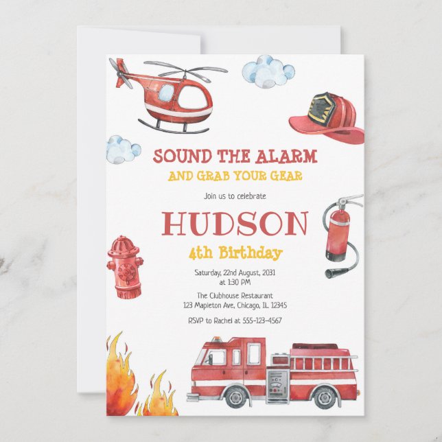 Convites Firetruck Firefighter Kids Birthday Invitation (Frente)