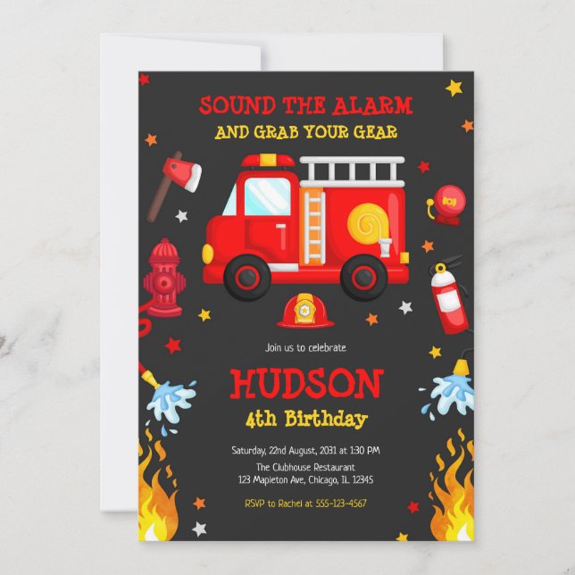 Convites Firetruck Firefighter Kids Birthday Invitation (Frente)